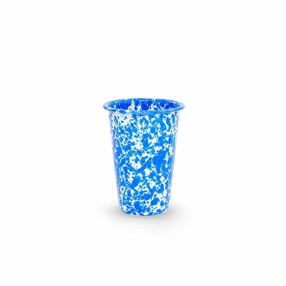 Blue and white patterned cup on a white background