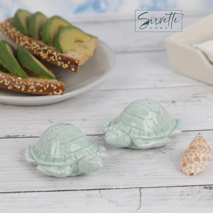 Turtle Salt and Pepper Shakers for Kitchen and Ocean Décor – Ceramic Sea Turtles (Light Mint)