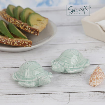 Turtle Salt and Pepper Shakers for Kitchen and Ocean Décor – Ceramic Sea Turtles (Light Mint)