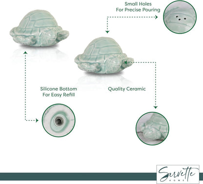 Turtle Salt and Pepper Shakers for Kitchen and Ocean Décor – Ceramic Sea Turtles (Light Mint)