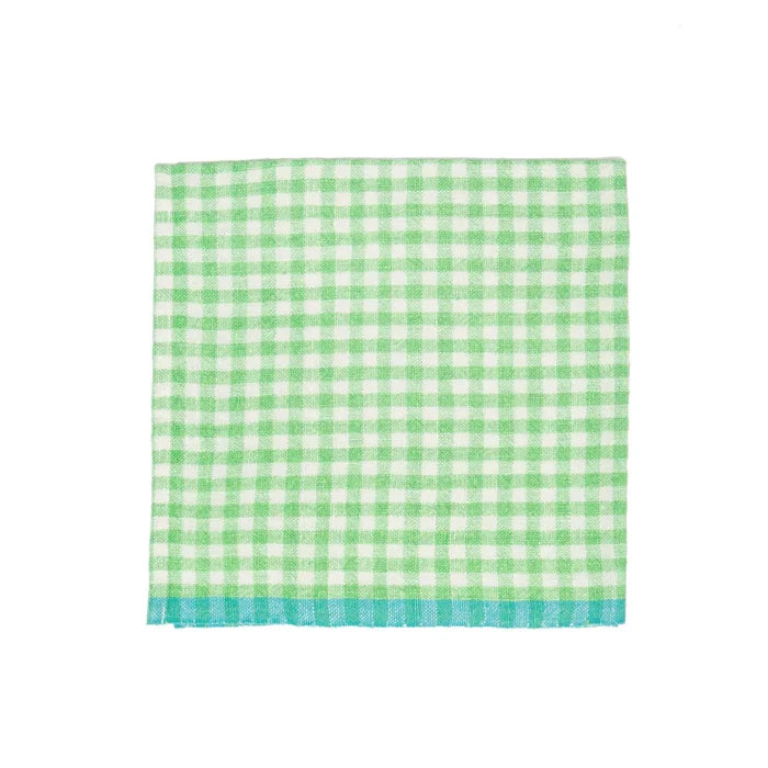 A square cotton napkin with a green and white gingham check pattern and a solid light blue-green fringed edge, displayed flat against a white background.