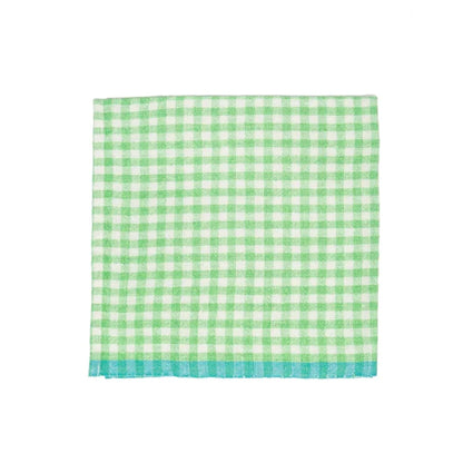 A square cotton napkin with a green and white gingham check pattern and a solid light blue-green fringed edge, displayed flat against a white background.