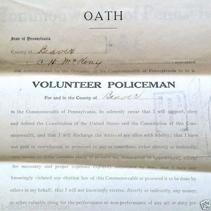 VOLUNTEER POLICEMAN Oath Certificate 1910s