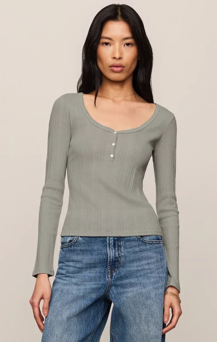 Z Supply Audri Pointelle Henley Top in Aqua Cloud Pointelle Henley Top | Women's Fitted Long Sleeve Tops