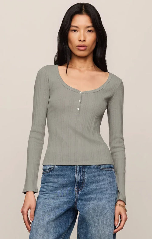 Z Supply Audri Pointelle Henley Top in Aqua Cloud Pointelle Henley Top | Women's Fitted Long Sleeve Tops