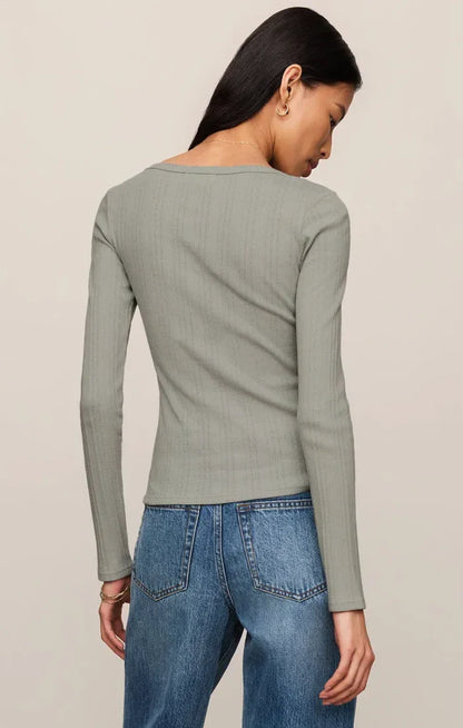Z Supply Audri Pointelle Henley Top in Aqua Cloud Pointelle Henley Top | Women's Fitted Long Sleeve Tops