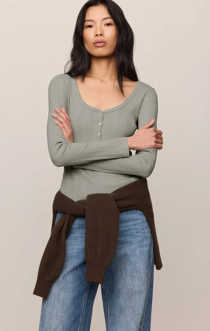Z Supply Audri Pointelle Henley Top in Aqua Cloud Pointelle Henley Top | Women's Fitted Long Sleeve Tops