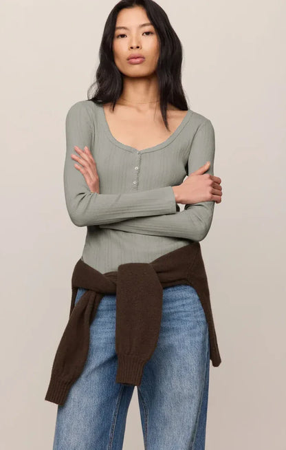 Z Supply Audri Pointelle Henley Top in Aqua Cloud Pointelle Henley Top | Women's Fitted Long Sleeve Tops