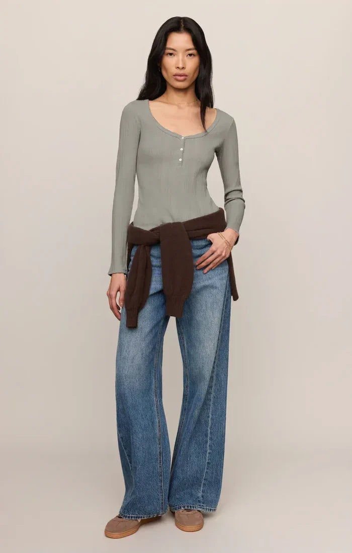 Z Supply Audri Pointelle Henley Top in Aqua Cloud Pointelle Henley Top | Women's Fitted Long Sleeve Tops