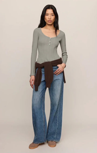 Z Supply Audri Pointelle Henley Top in Aqua Cloud Pointelle Henley Top | Women's Fitted Long Sleeve Tops